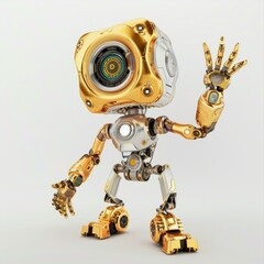 A friendly robot waving hello, isolated in white, white background