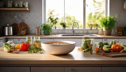  counter with a bowl of soup and ingredients