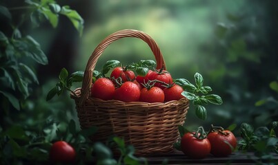 Freshly picked tomatoes in a basket outdoors.