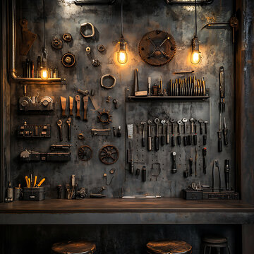 A workshop wall featuring intricate pipework tool racks and distressed metal surfaces lit by warm industrial lights 16:9 