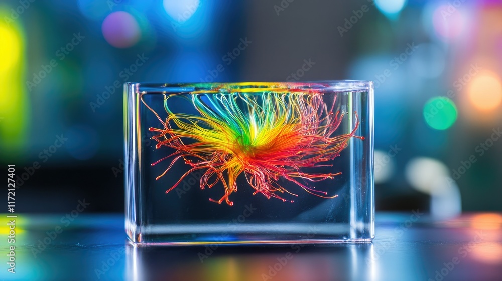 Poster colorful representation of magnetic field lines around a magnet using ferrofluid in a transparent co