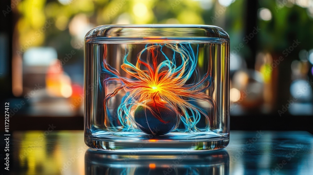 Poster colorful representation of magnetic field lines around a magnet using ferrofluid in a transparent co