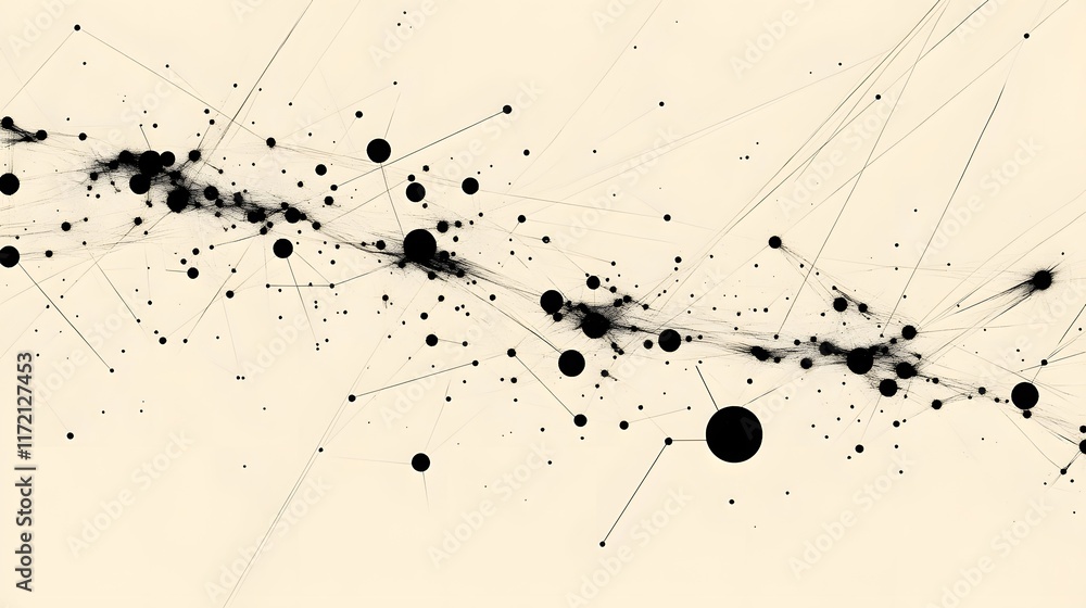 Poster abstract design featuring dynamic black dots and lines on a light background showcasing depth, movem