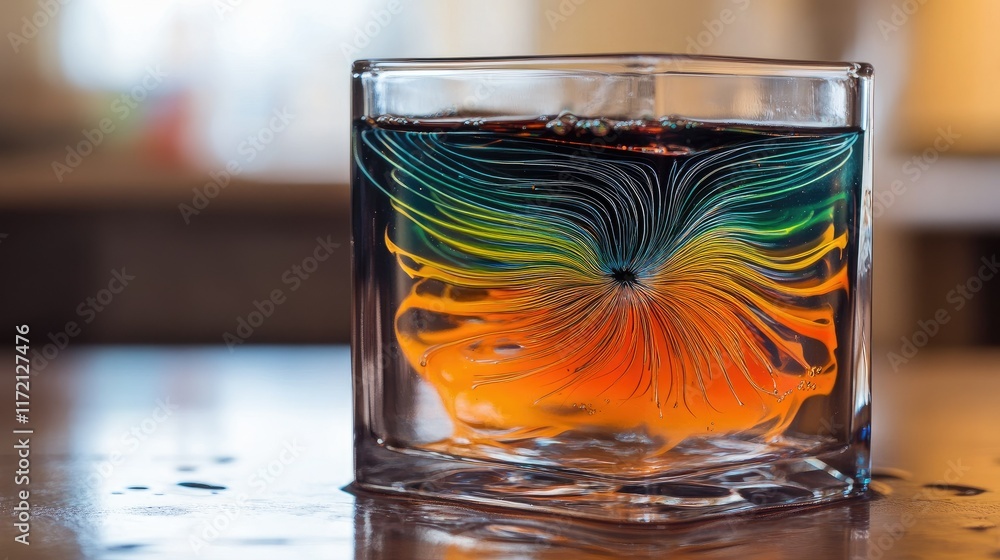 Poster colorful representation of magnetic field lines around a magnet using ferrofluid in a transparent co