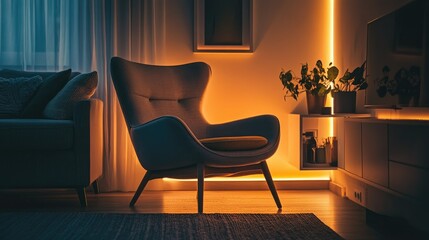 Comfortable chair in a smart home corner with dimmable lighting controlled by voice.