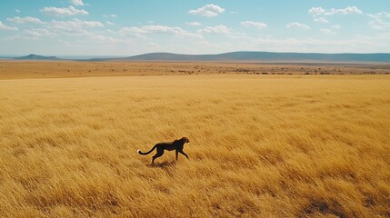 Fototapeta premium Cheetah running through tall savanna grass under a blue sky.