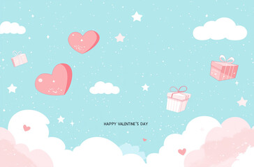 
Happy Valentine's Day background with pink heart-shaped and gift box elements flying in the sky, vector illustration, flat design, minimalistic style, pastel color theme, white clouds, stars, text "H