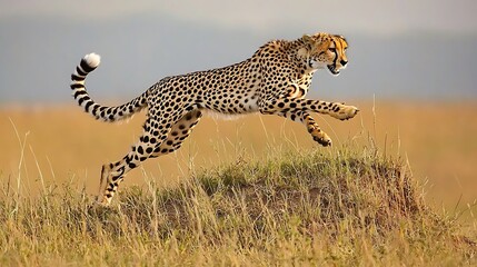 Cheetah leaping over savanna grass.