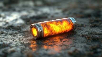 Burning battery on scorched earth post-apocalyptic wasteland.