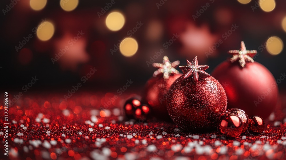Poster sparkling red christmas ornaments on shimmering glitter background with soft bokeh lights for festiv