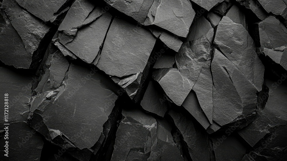 Poster dark geometric rock shapes with sharp edges forming a textured, dynamic black background.