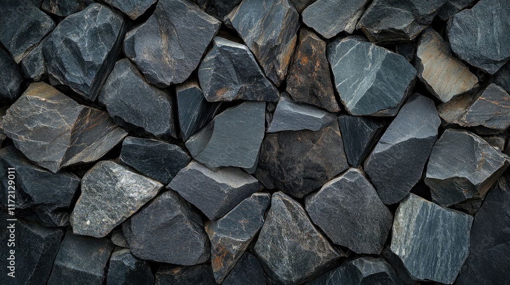 Poster dark geometric rocks arranged in a symmetrical pattern, creating a contemporary and minimalist black