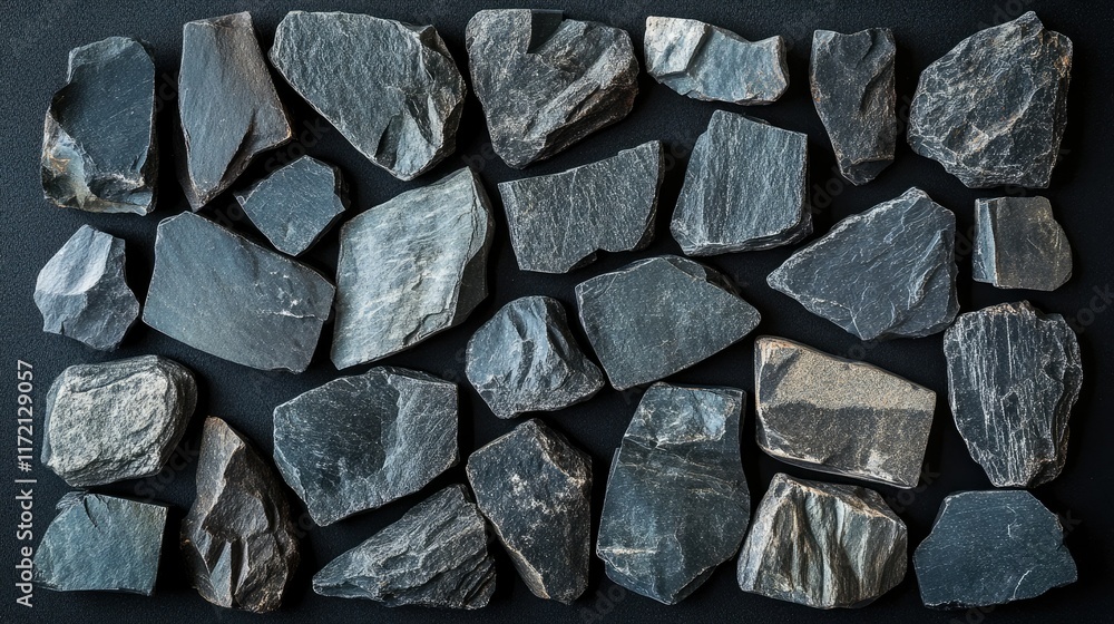 Poster dark geometric rocks arranged in a symmetrical pattern, creating a contemporary and minimalist black