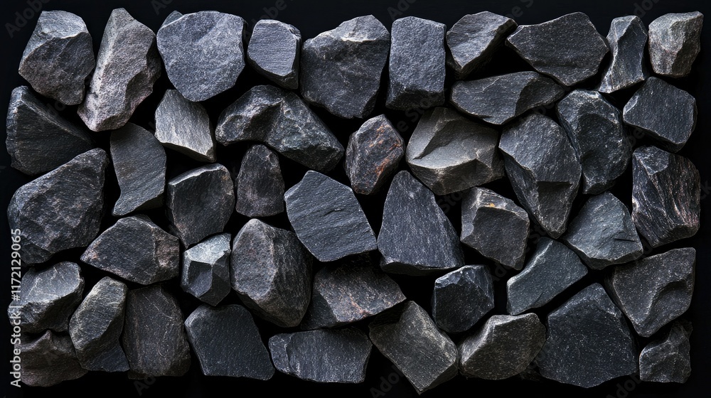 Poster dark geometric rocks arranged in a symmetrical pattern, creating a contemporary and minimalist black