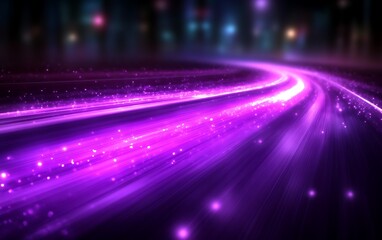 Glowing purple light trails curve on dark road.