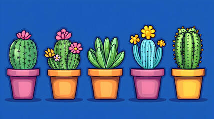 Five potted cacti and succulents with flowers, illustrated in cartoon style against a blue background.