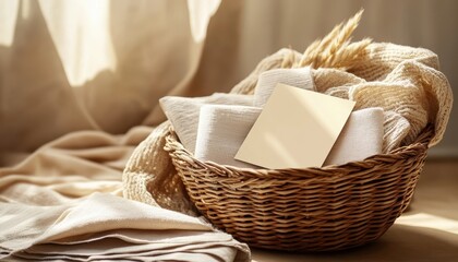 Obraz premium Cozy Autumn Vibes: Blank Notecard in a Wicker Basket Filled with Soft Knitwear and Wheat