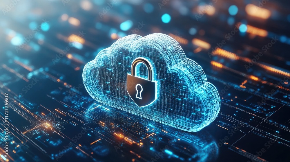 Poster digital cloud secured with a metallic padlock and a shield, emphasizing the importance of data prote