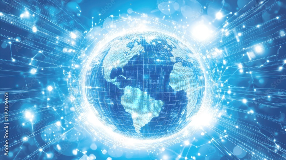 Poster digital globe surrounded by glowing data waves, symbolizing global internet connectivity and high-sp