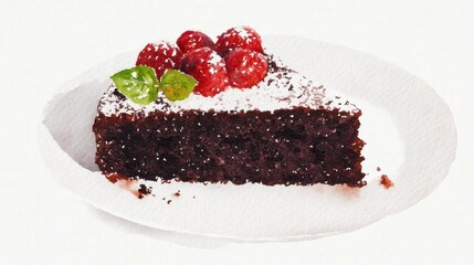 A watercolor of a rich flourless chocolate cake. garnished detailed view watercolor style