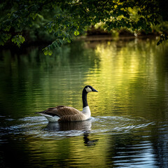 Obraz premium Majestic Goose Gliding Across Serene Lakeside at Tranquil Dawn