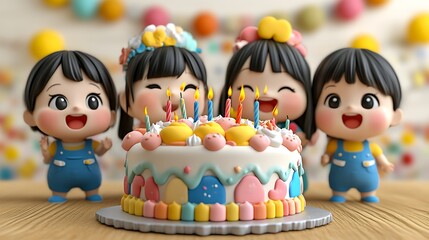 Obraz premium Four cute girls celebrating a birthday with a colorful cake.