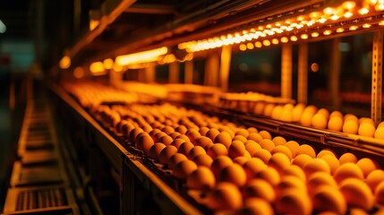 Egg production process farm facility industrial workflow controlled environment close-up view agriculture innovation