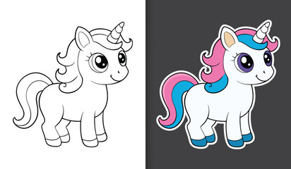 Cute cartoon unicorn character coloring page with sticker