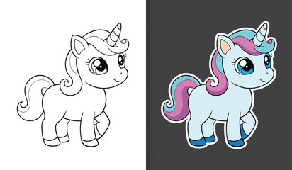 Cute cartoon unicorn character coloring page with sticker