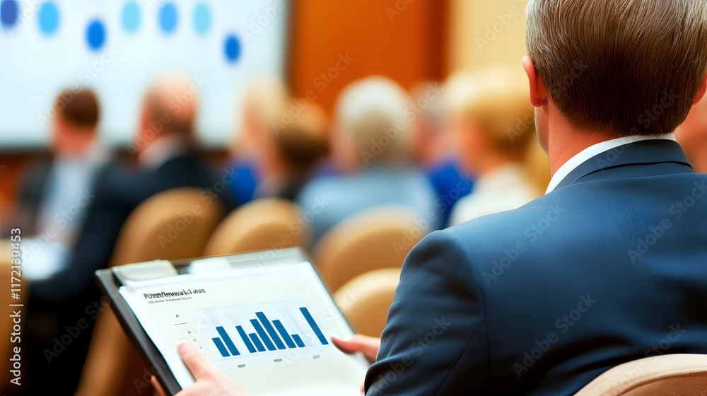 Poster rear view of a businessman reviewing a bar graph on a tablet during a business presentation. blurred