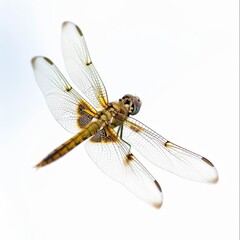 A dragonfly hovering over a pond, isolated in white, white background 