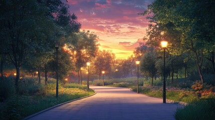 Fototapeta premium Evening light bathes a quiet park path, with modern LED streetlights and a colorful sky completing the tranquil scene