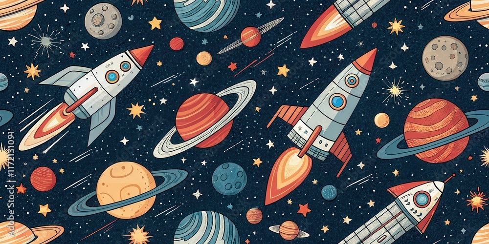 Poster retro space exploration pattern with rockets and planets on a starry background