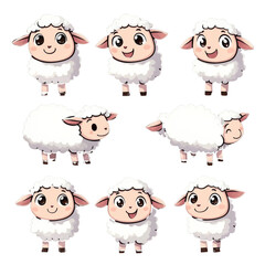 Cute cartoon sheep characters in various poses and expressions, showcasing their fluffy wool and playful demeanor. Perfect for children illustrations or animations. , png, isolated transparent
