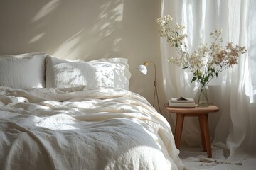 Cozy minimalist bedroom with white bedding and wooden furniture