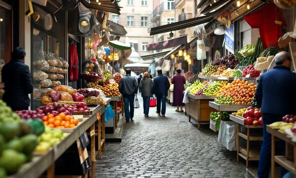 A vibrant street market bursts with the colors and aromas of fresh fruits and vegetables, as people stroll along the cobblestone path