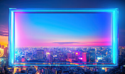 Fototapeta premium The city's high-rise buildings illuminated by neon lights at night