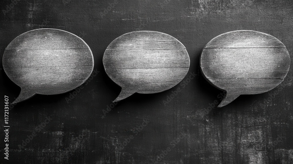 Poster three empty wooden speech bubbles on a dark textured background ideal for conveying messages, though