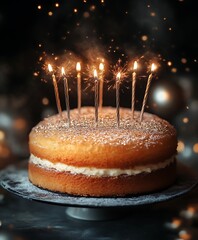 Festive two-layered cake with sparkling candles.