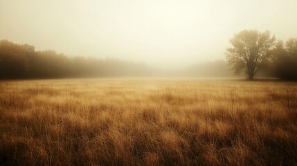 Fototapeta premium Foggy, golden autumn field with lone tree.