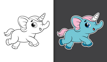Cute cartoon elephant unicorn character coloring page with sticker