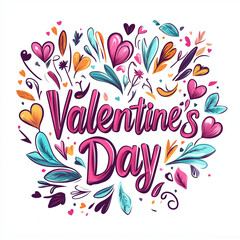 
Vector illustration of colorful text "Valentine's Day" with hearts and flowers isolated on a white background, colorful lettering in a calligraphic style, vibrant colors, cute font design, white back