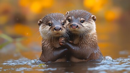 Two adorable otters cuddling in water with a blurred autumn background.