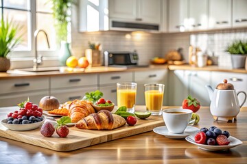 Double exposure artistry: wooden board, modern kitchen backdrop, delectable breakfast food takes center stage.
