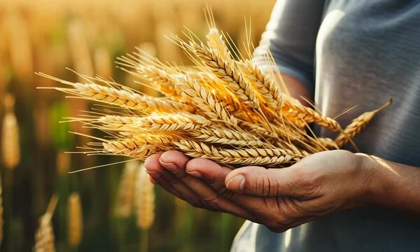 A person holds a bundle of golden wheat in their hands, symbolizing agriculture and the harvest season against a blurred background of a wheat field.