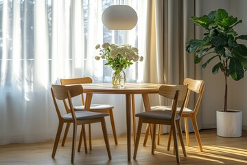 Sunlit dining area with wooden decor and indoor plants