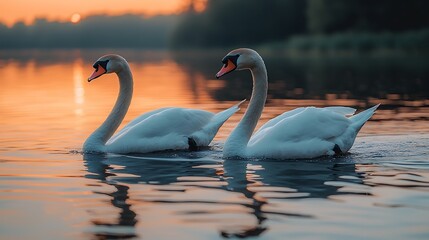 Fototapeta premium Two graceful swans swim on calm water at sunset, reflecting the orange sky.