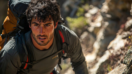 Close up of hiker face, sweat glistening, focused on climb