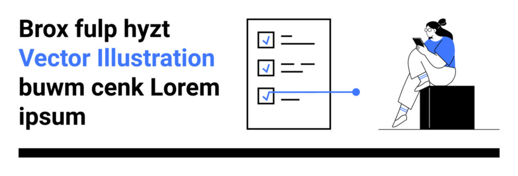 Woman seated using tablet beside checklist with checked items and placeholder header text. Ideal for productivity, online forms, task management, digital content, landing pages, app interfaces - Powered by Adobe