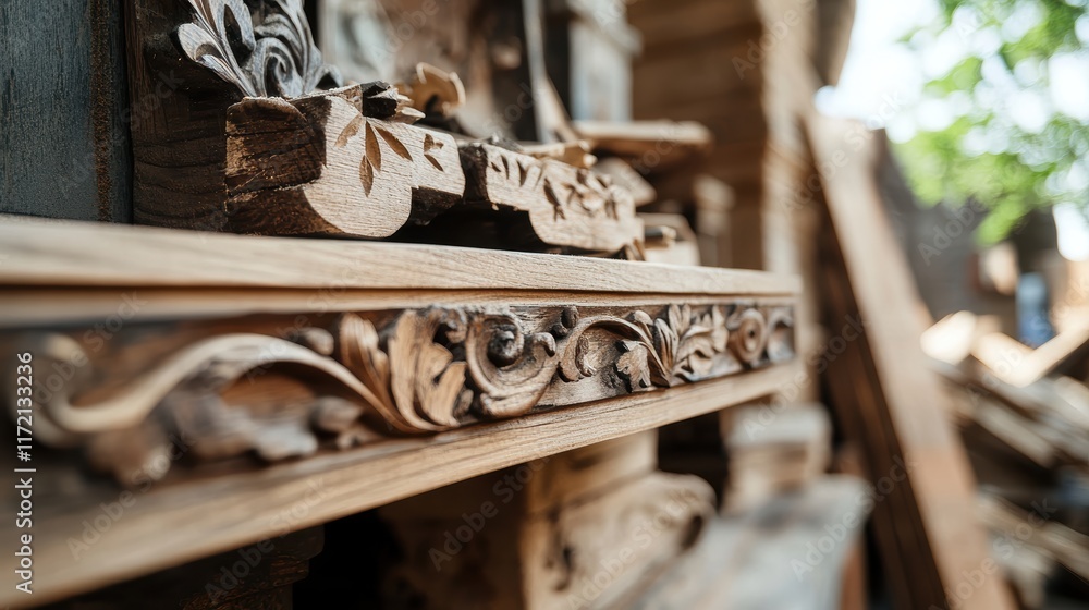Poster a close-up view of intricately carved wooden details, showcasing craftsmanship and texture in a rust